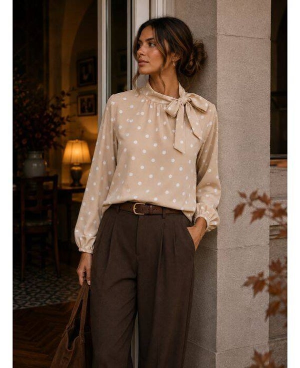 Blouse a pois col a nouer Beige