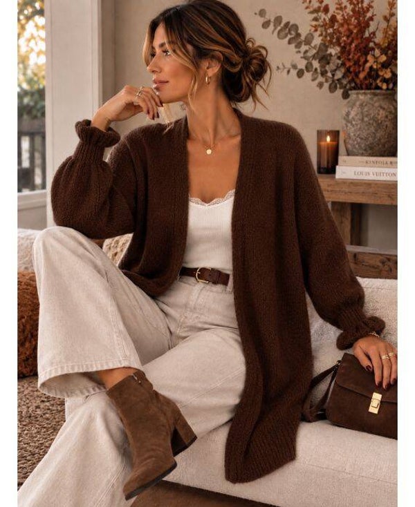 Gilet mi-long laine chocolat