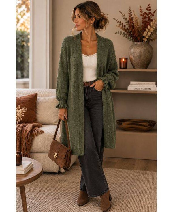 Gilet mi-long laine kaki