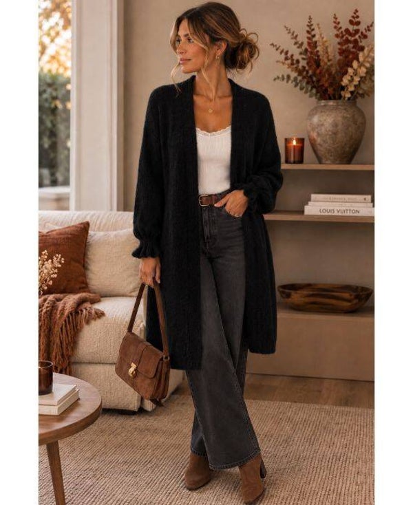Gilet mi-long laine noir