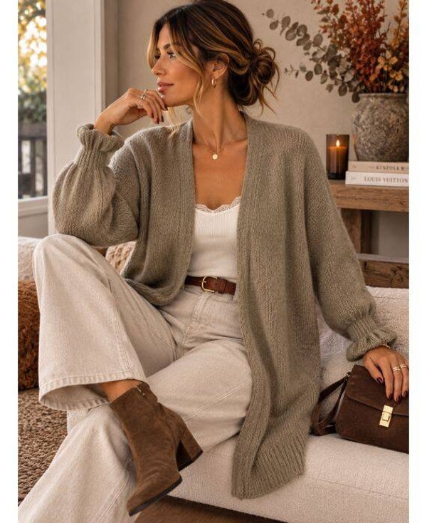 Gilet mi-long laine taupe