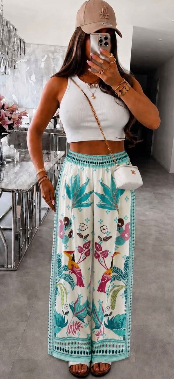 Pantalon côme large impimé turquoise