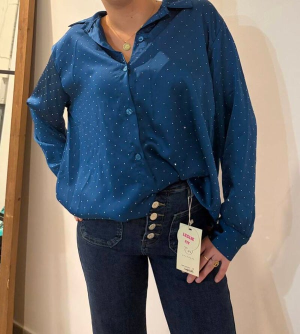 Chemise satin cloutée bleu