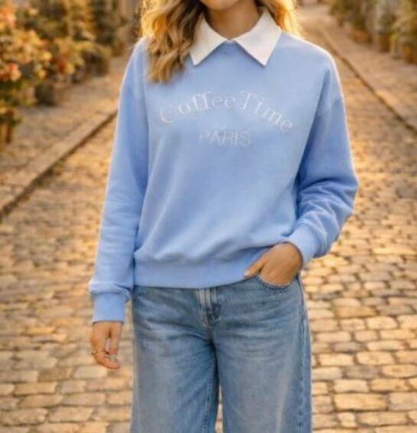 Sweat Coffee Time Bleu ciel Col polo