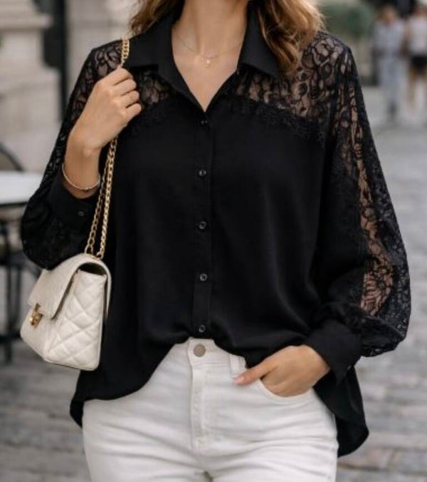 Chemise épaule en dentelle Noir