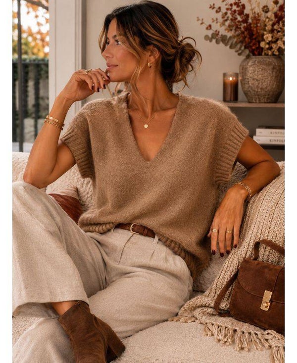 Pull manches courtes alpaga Camel