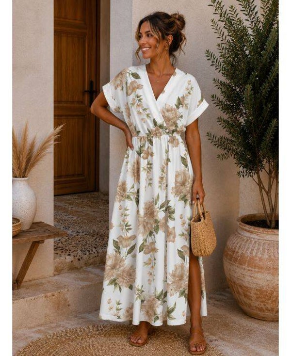 Robe longue fleurs taupe