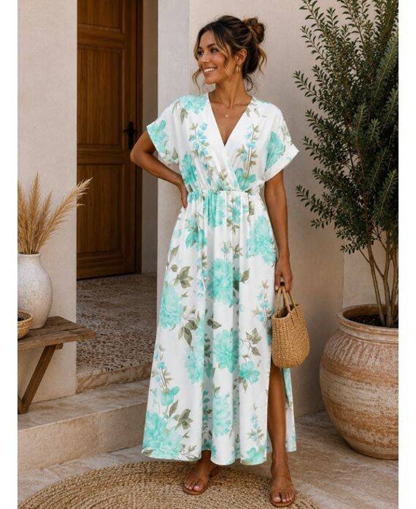 Robe longue Fleurs turquoise
