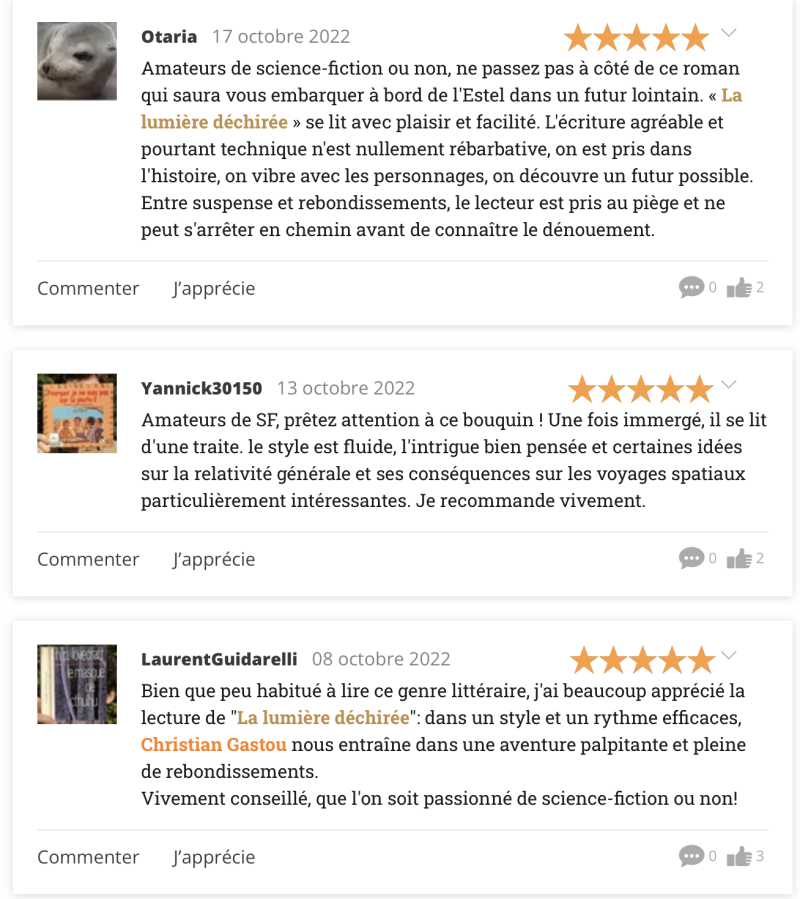Roman SF La lumière déchirée - avis sur Babelio - Auteur Christian Gastou