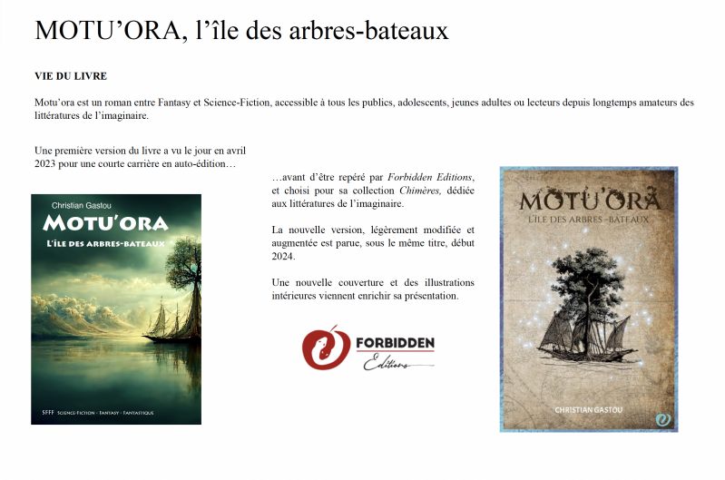 Motu'ora Présentation roman Fantasy Science Fiction, vie du livre 