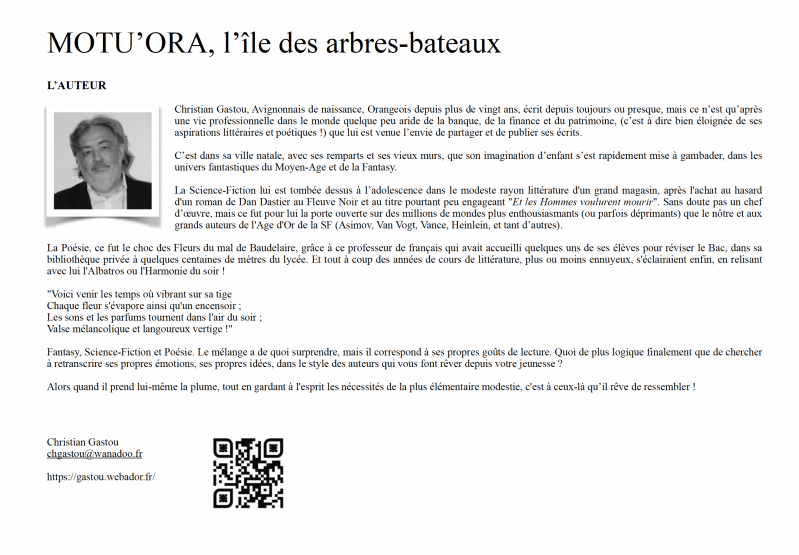Motu'ora Présentation roman Fantasy Science Fiction, l'auteur