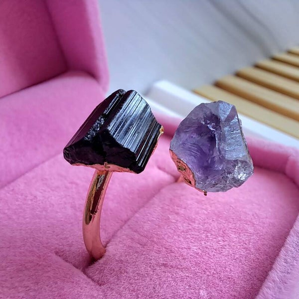 Ring - Zwarte Toermalijn en Amethist