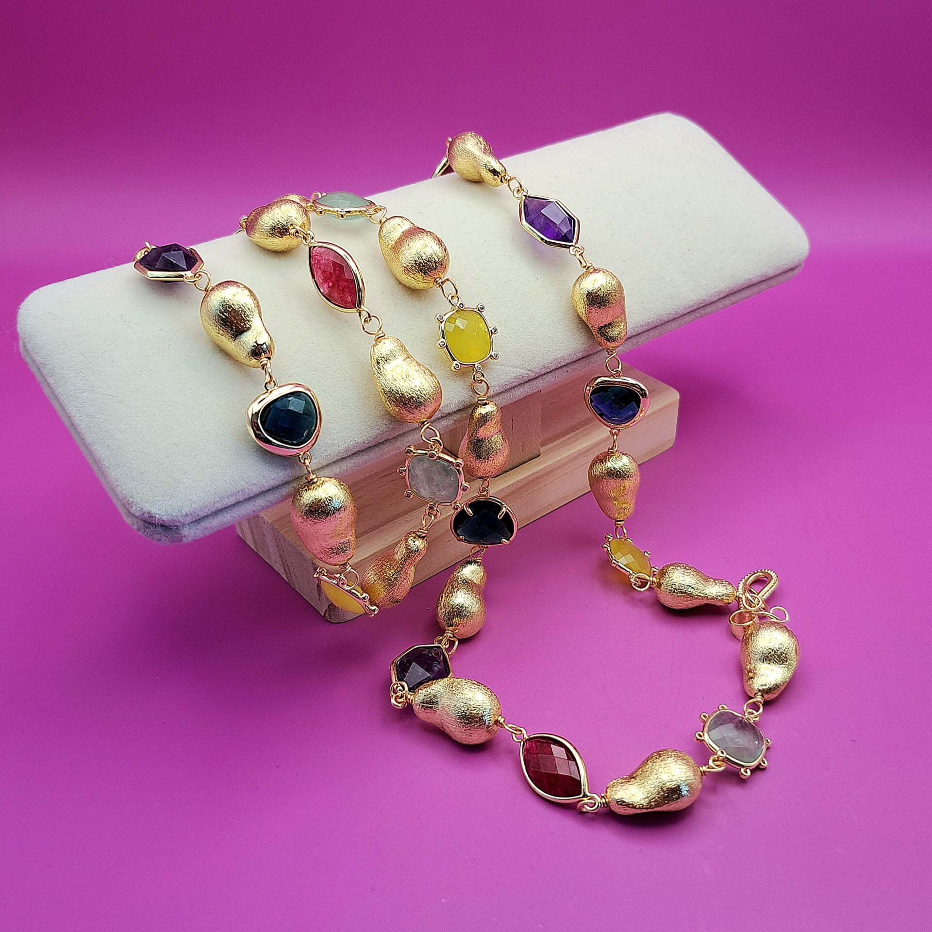 Ketting - Amethist, citrien, obsidiaan, groene aventurijn, aquamarijn - Verguld