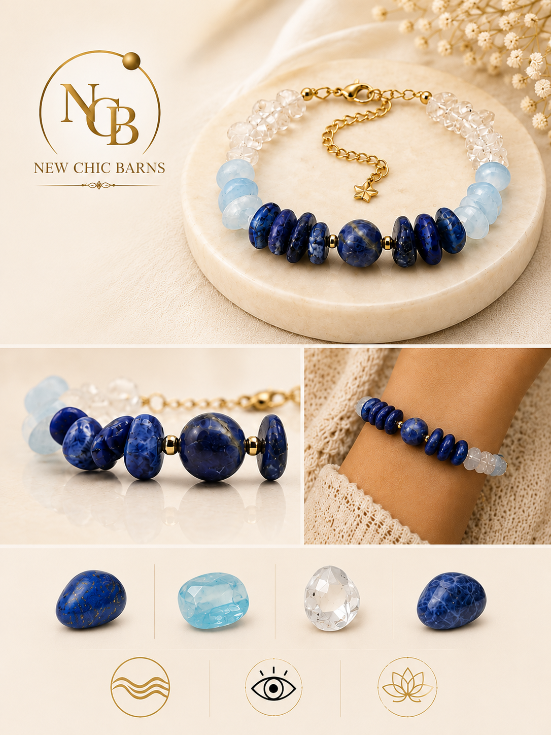 Bracelet Calysta – Lapis-Lazuli, Aigue-Marine, Cristal de Roche & Sodalite