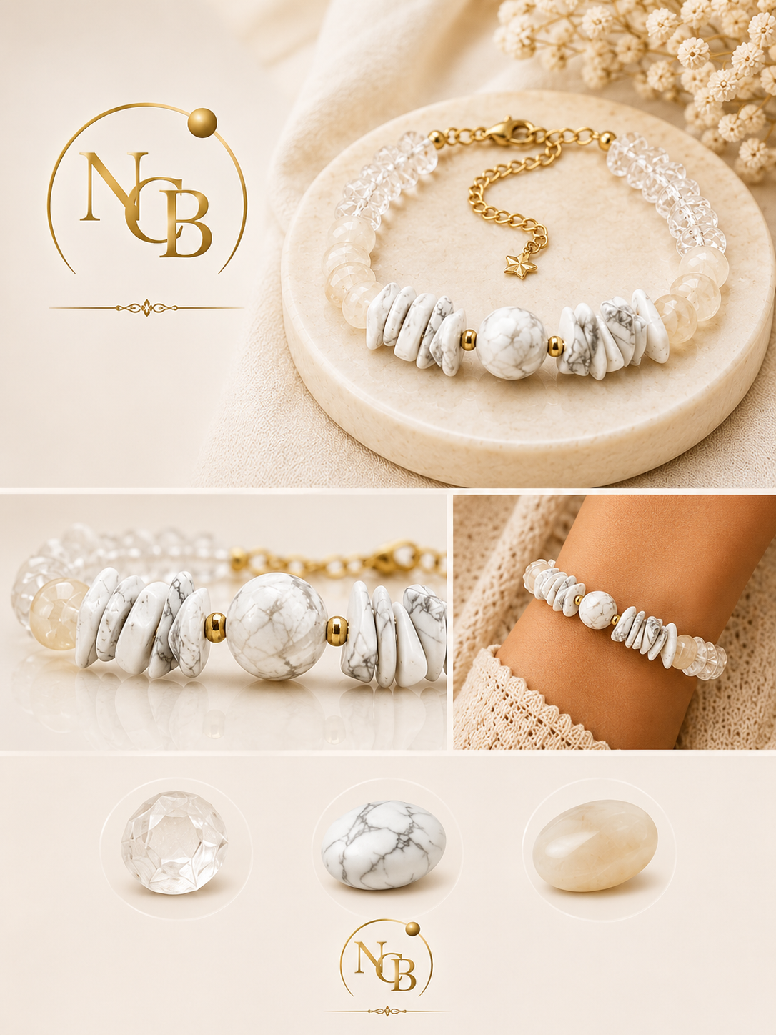 Bracelet Calysta – Cristal de Roche, Howlite Blanche & Pierre de Lune Beige