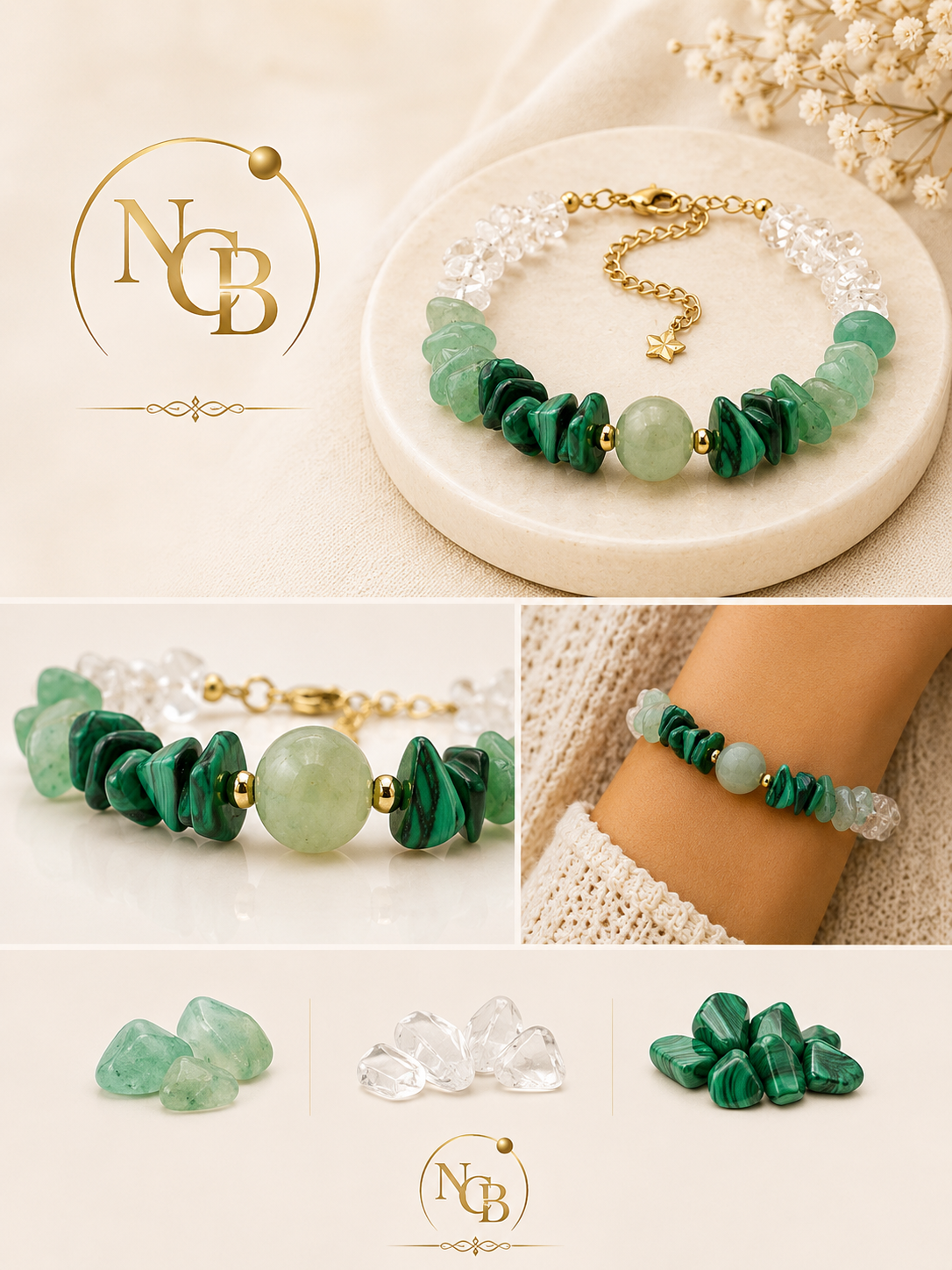 Bracelet Calysta – Aventurine Verte, Cristal de Roche & Malachite