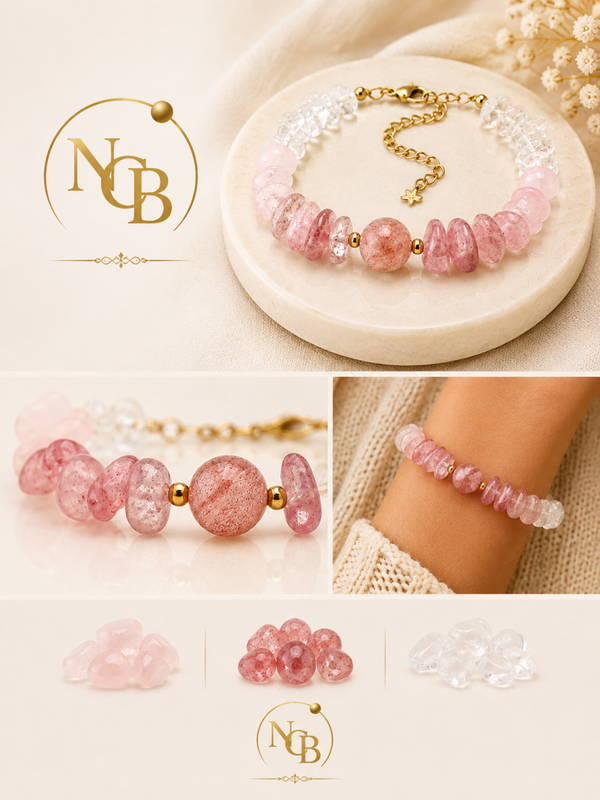 Bracelet Calysta – Cristal de Roche, Quartz Fraise & Quartz Rose