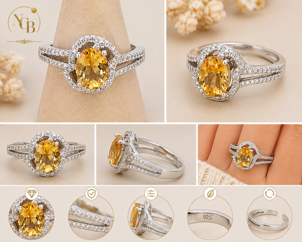 Bague réglable en Argent 925 rhodié & Citrine AAA
