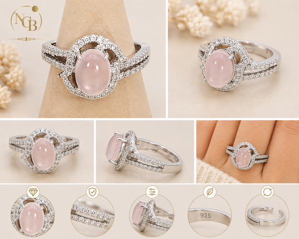 Bague réglable en Argent 925 rhodié & Quartz Rose AA+