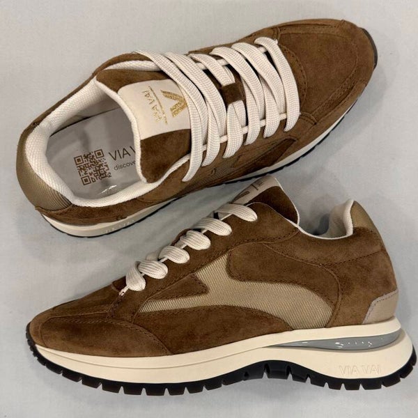 Via Vai 62343-01-1384 Usher Riggs sneaker leer mesh en suede Khaki kleur