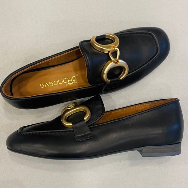 Babouche Julia loafer leer zwart met matgouden bitje