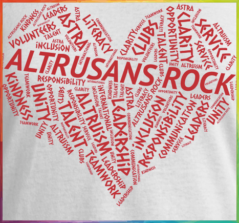 Altrusa Biennium Logo Altrusans Rock . Heart=shape made with words: Altrusans Rock, Leadership, Unity, Altruism, Talent, Literacy, Service, Responsibility, Inclusion, Leaders, Teamwork, Astra, Clubs