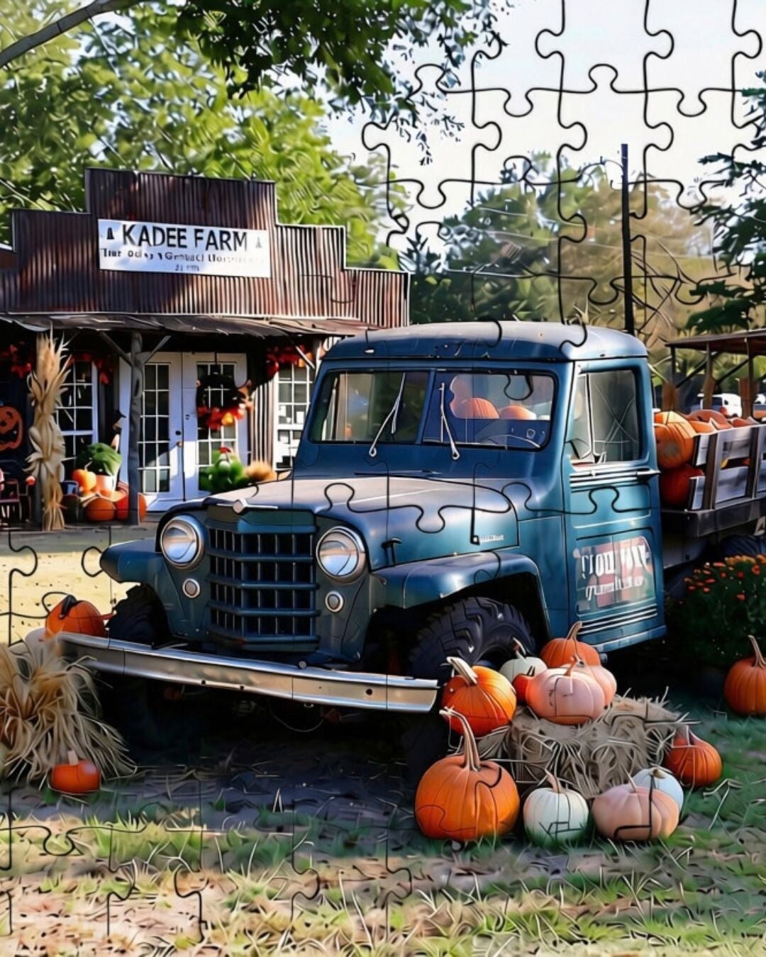 Jigsaw puzzle image of an old truck with pumpkins at Kadee Farm in Greenville, Texas. It is the cover image of the Jefferson Highway Travel Guide - Vol. 1, Issue 1: Oct/Nov2026