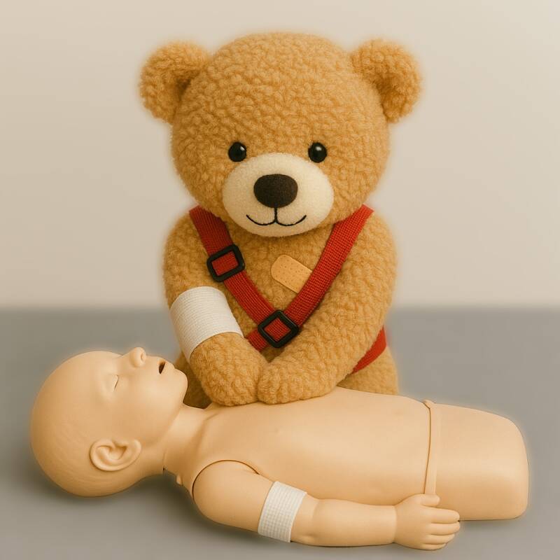 Ein Teddybär der eine Simulationspuppe Reanimiert