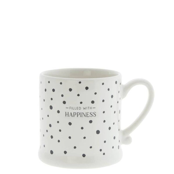 RJ/MUG 016 BL Mug White Dots Black / Happiness 8x7cm