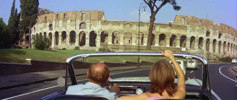 Antoine Maréchal et Gina dans la Cadillac, vers le colisée, Le corniaud, Gérard Oury, Bourvil