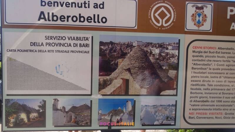 Panneau de bienvenue à Alberobello et explications