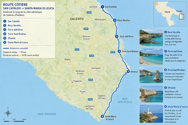 Carte du Salento avec la route côtière entre San Cataldo et Santa Maria di Leuca