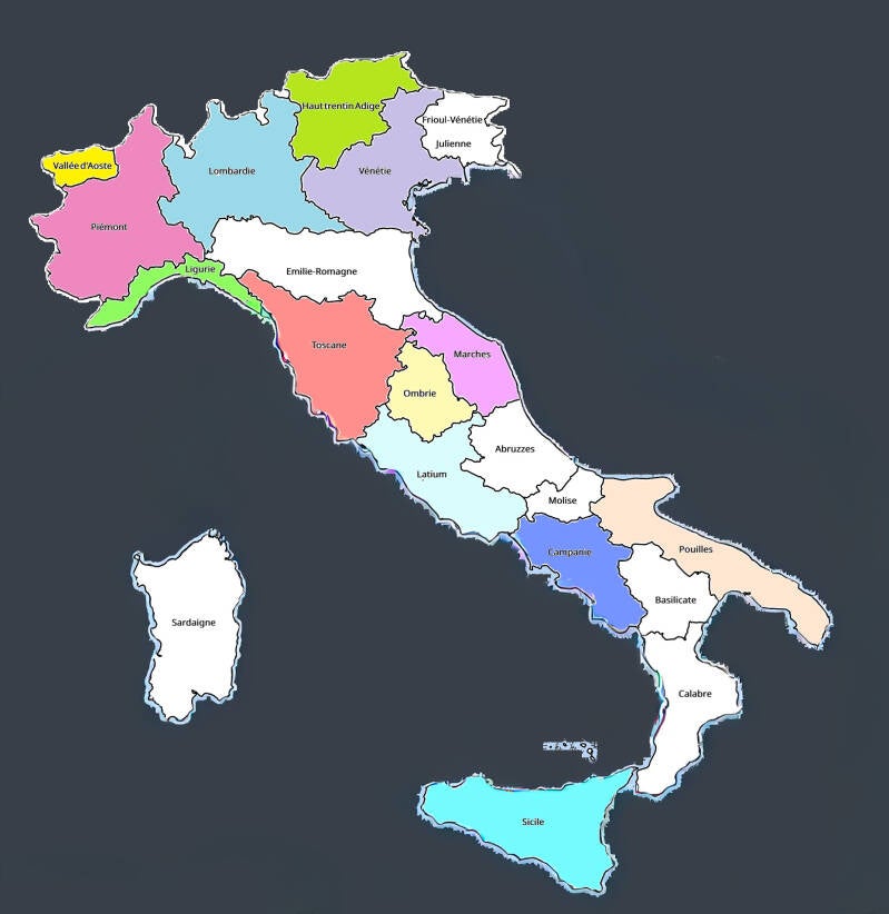 Carte des régions d'Italie avec des couleurs différentes