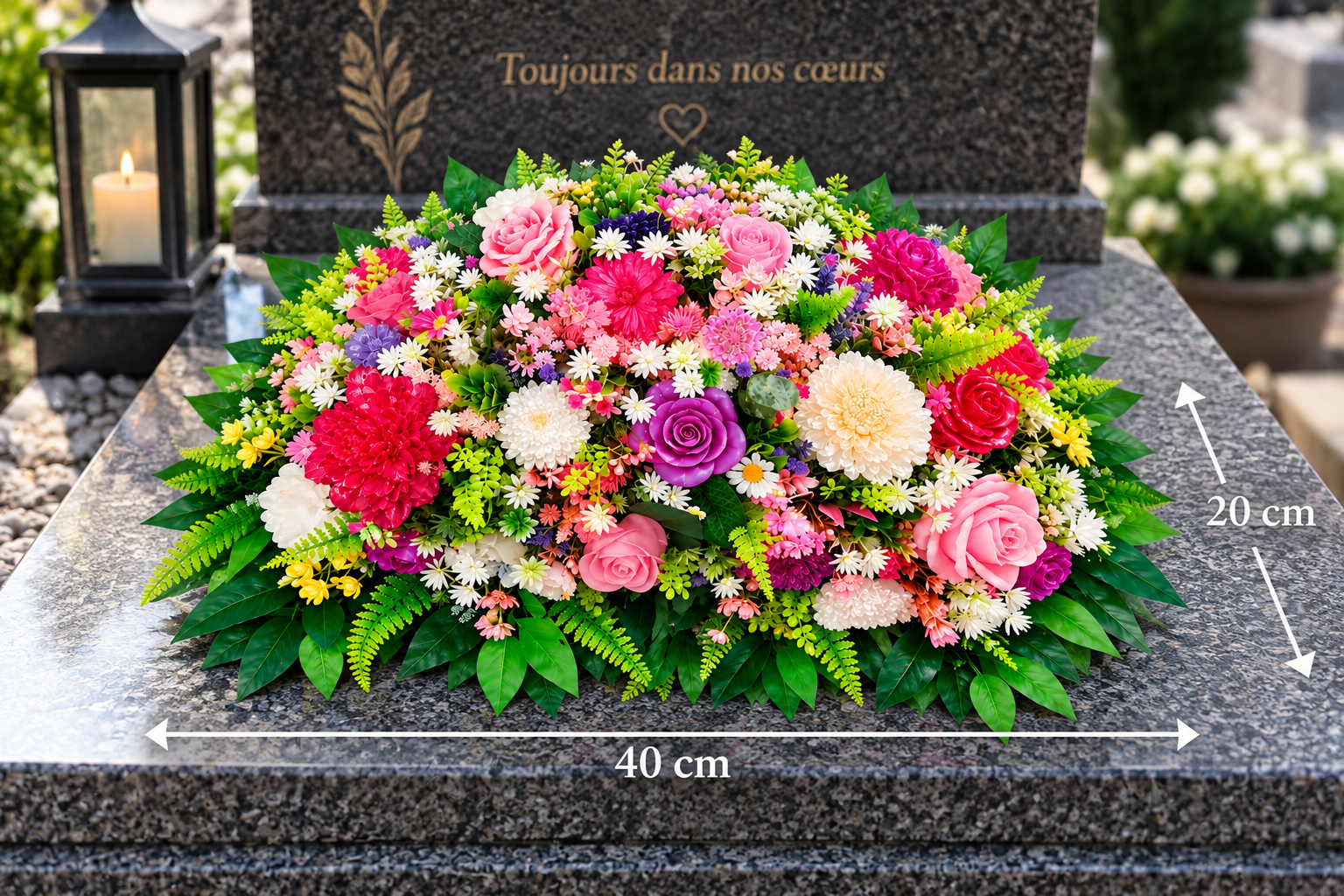 Bouquet funéraire taille 40 cm x 20 cm – Modèle vendu, création personnalisée sur commande