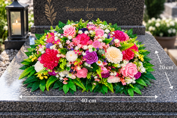Bouquet funéraire taille 40 cm x 20 cm – Modèle vendu, création personnalisée sur commande
