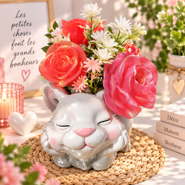 🐰🌸 Petit lapin fleuri avec 4 fleurs immortelles