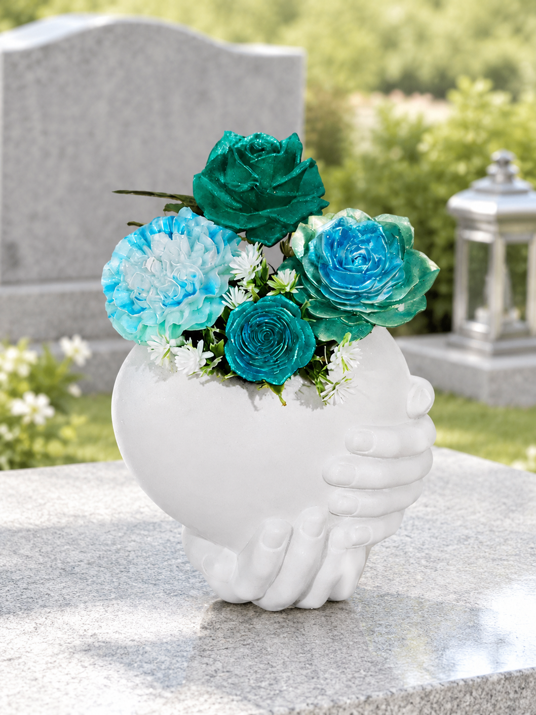 🕊️💙 Vase funéraire "Étreinte Éternelle" – Céramique et Roses en Résine 💙🕊️