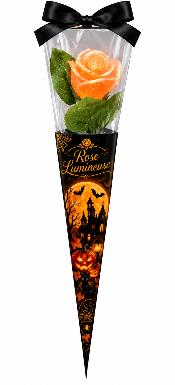 🎃🌹 Rose Éternelle Halloween – Orange Pailletée & Phosphorescente 🌹🎃