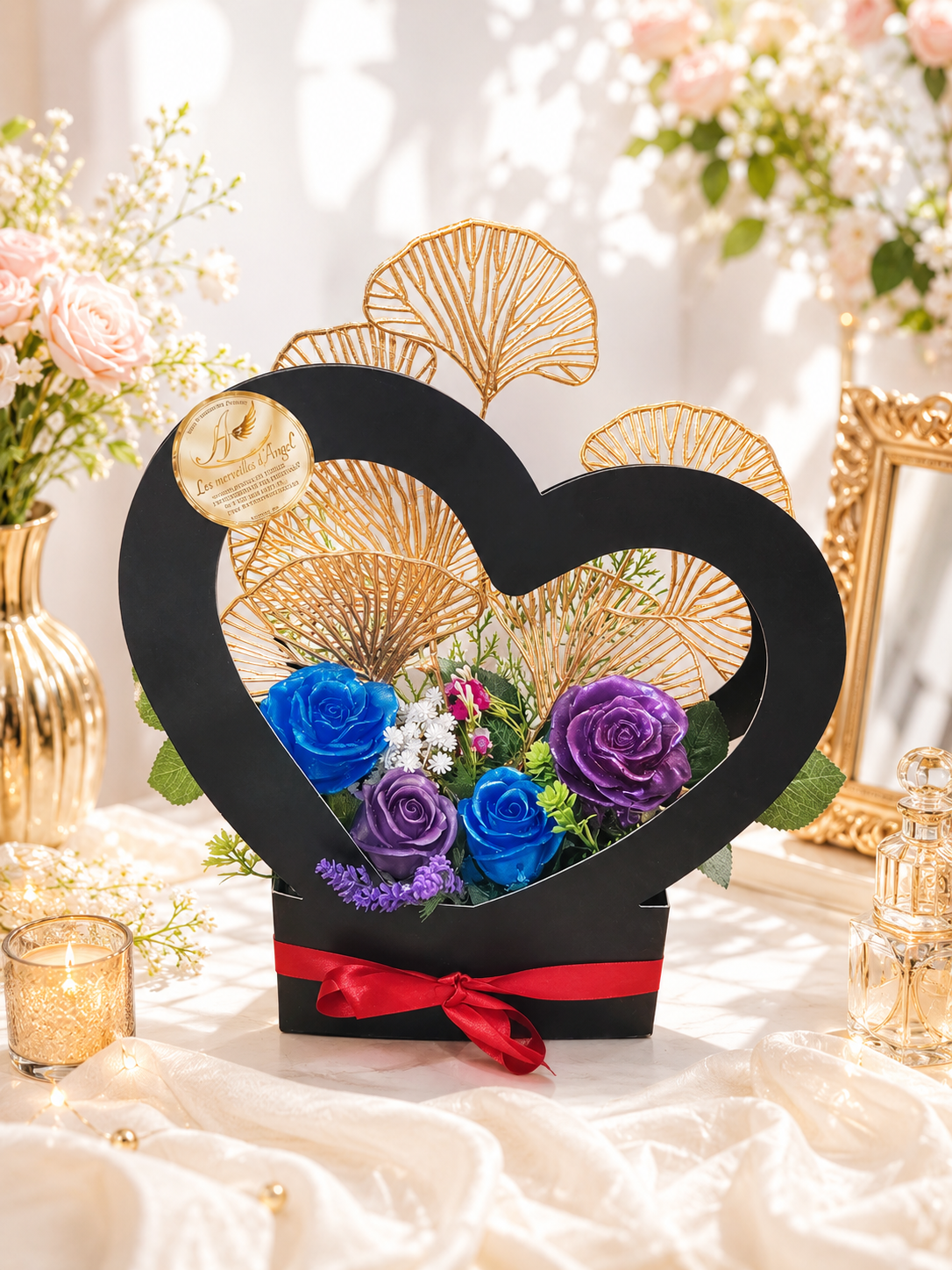 💐 Bouquet de 4 fleurs en résine – Création artisanale dans son écrin cœur