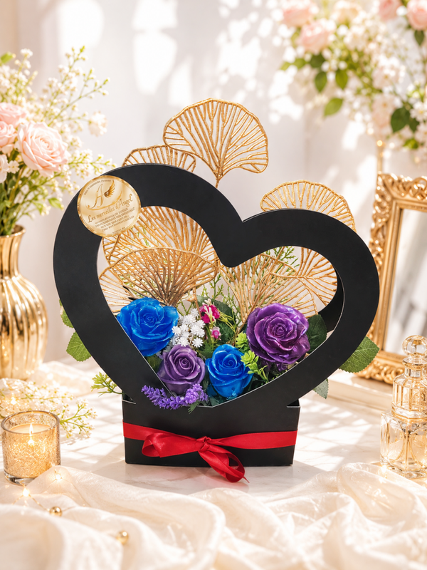💐 Bouquet de 4 fleurs en résine – Création artisanale dans son écrin cœur