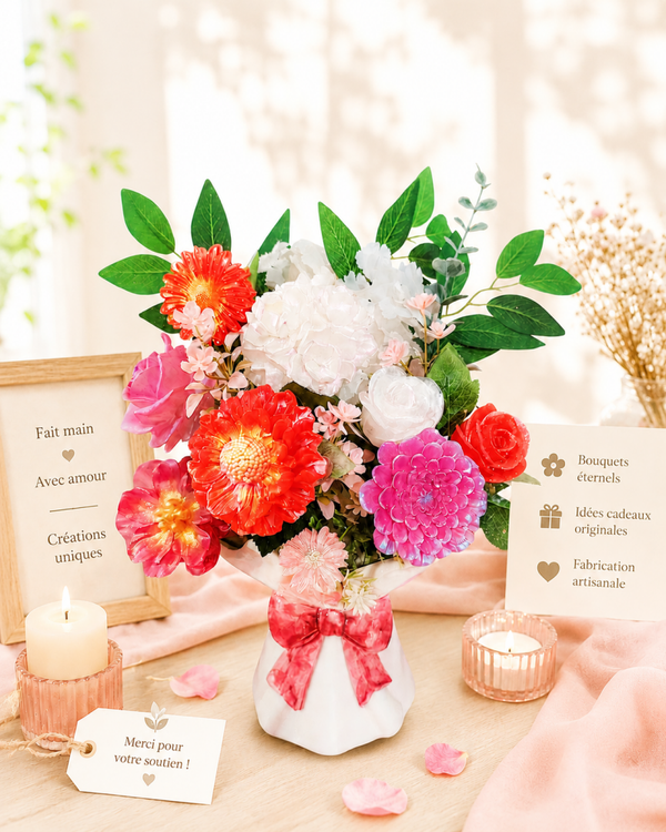 🌸 Bouquet floral artisanal en résine & vase en céramique 🌸