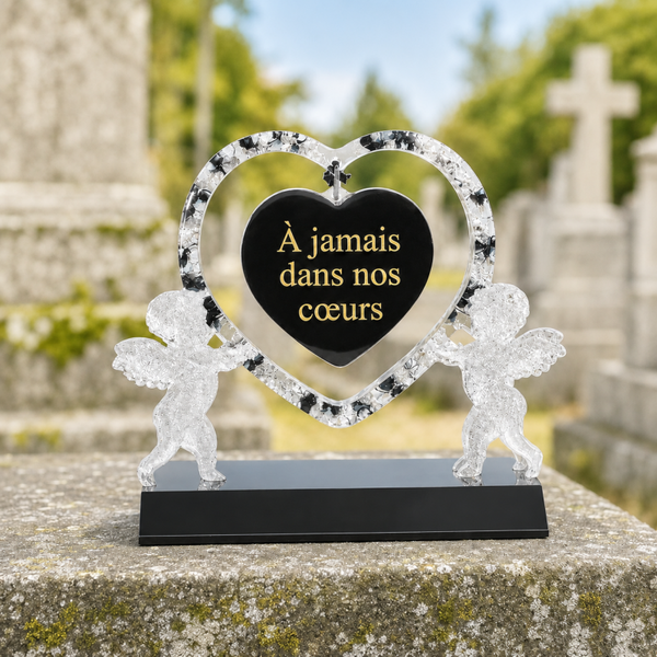 Décoration funéraire en résine – Cœur “À jamais dans nos cœurs” avec anges