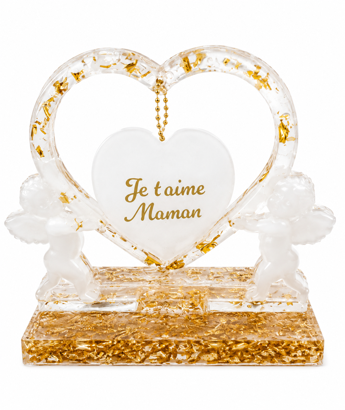 Cœur décoratif en résine « Je t’aime Maman » avec feuilles dorées