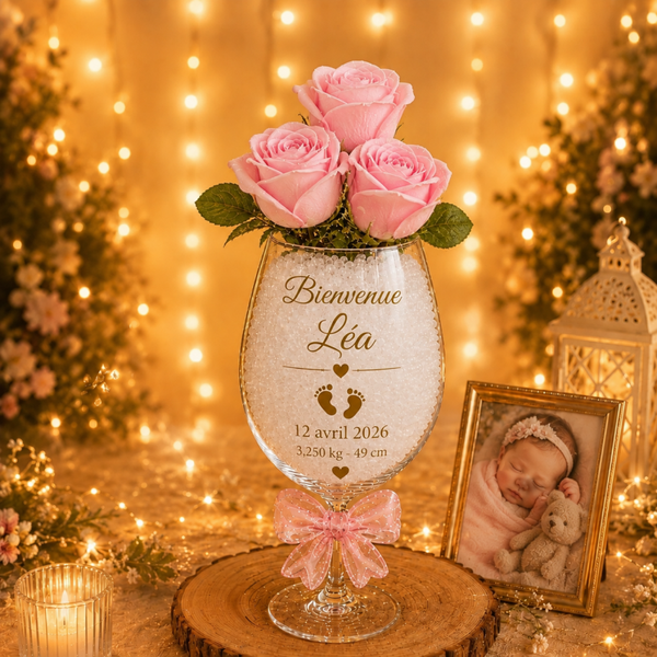 Vase naissance personnalisé – Roses roses & nœud en verre