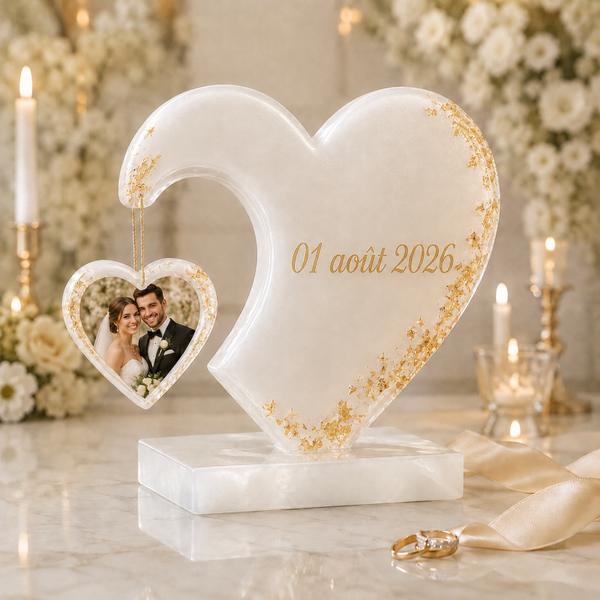 Cœur de mariage personnalisé en résine – Photo et date