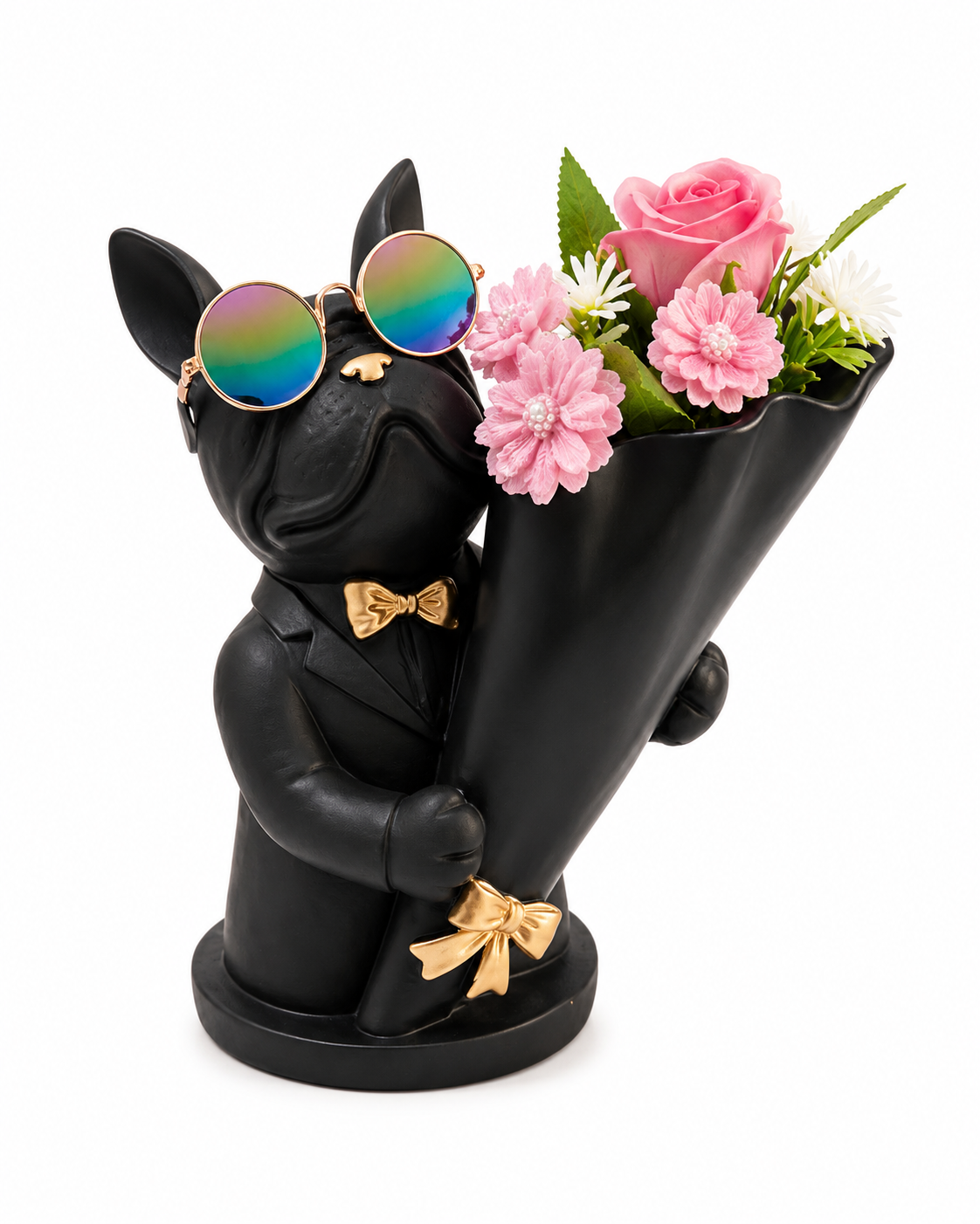 🌸 Bouledogue Français Élégant avec Bouquet de Fleurs en Résine – Décoration Unique 🌸