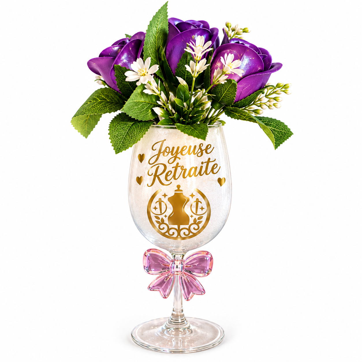 🌹 Verre Décoratif « Joyeuse Retraite » – Roses en Résine – 30 cm