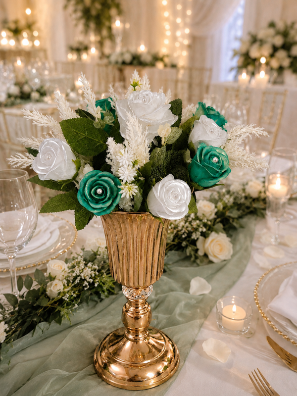 Bouquet décoratif de 9 roses en résine – Blanc et vert émeraude