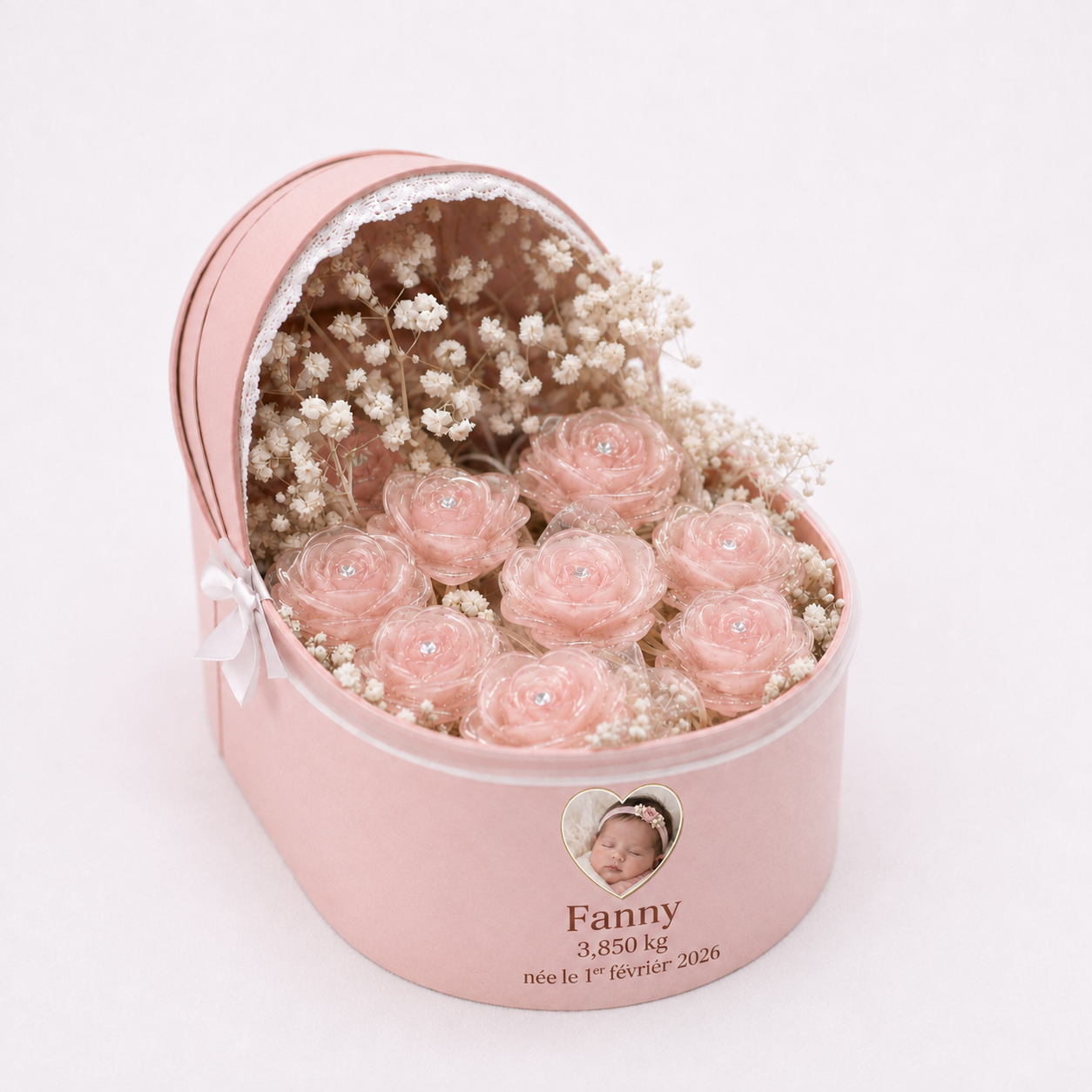 Berceau de naissance personnalisé avec roses en résine et photo