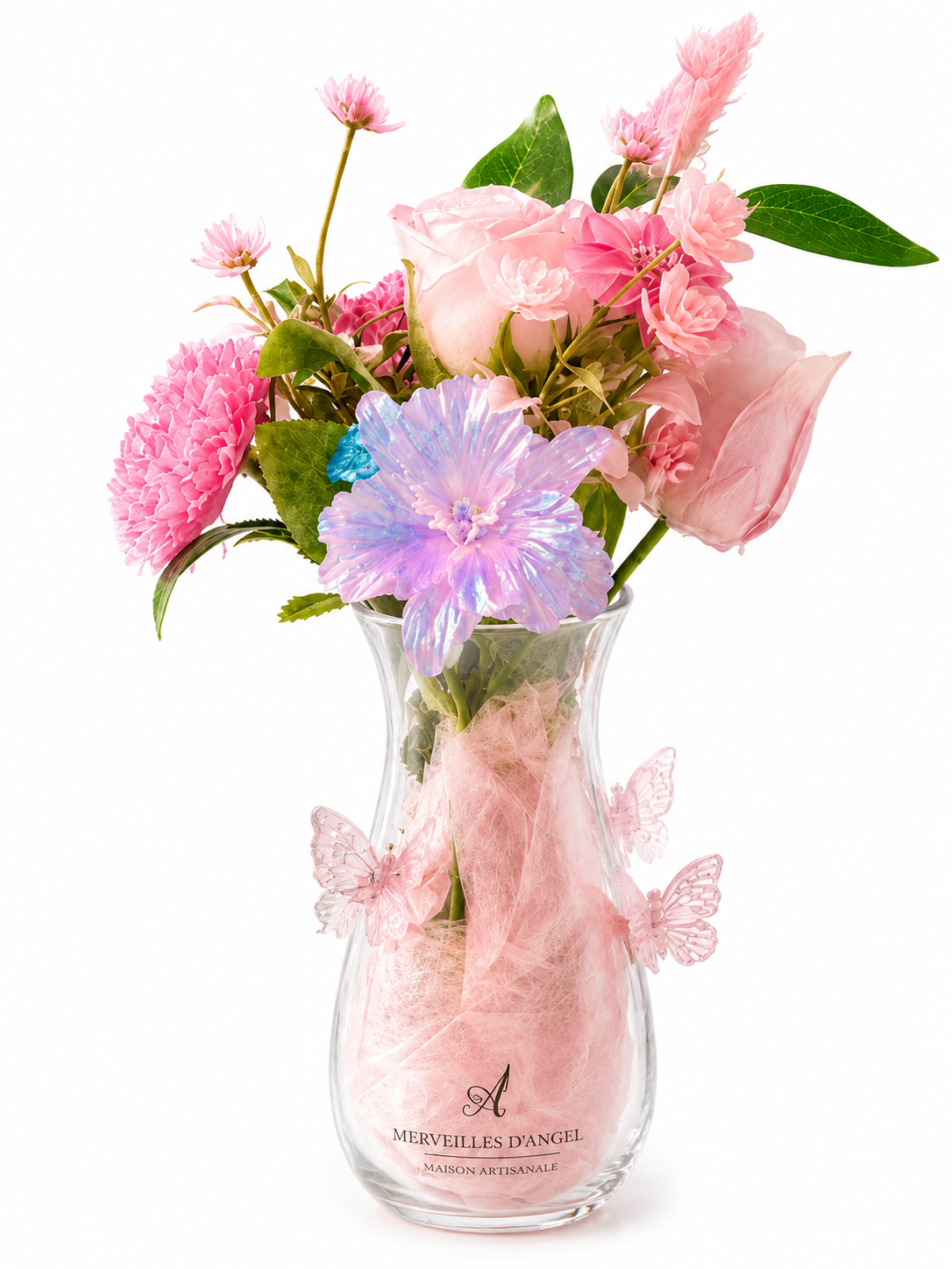 Vase en Verre avec Papillons et Roses en Résine